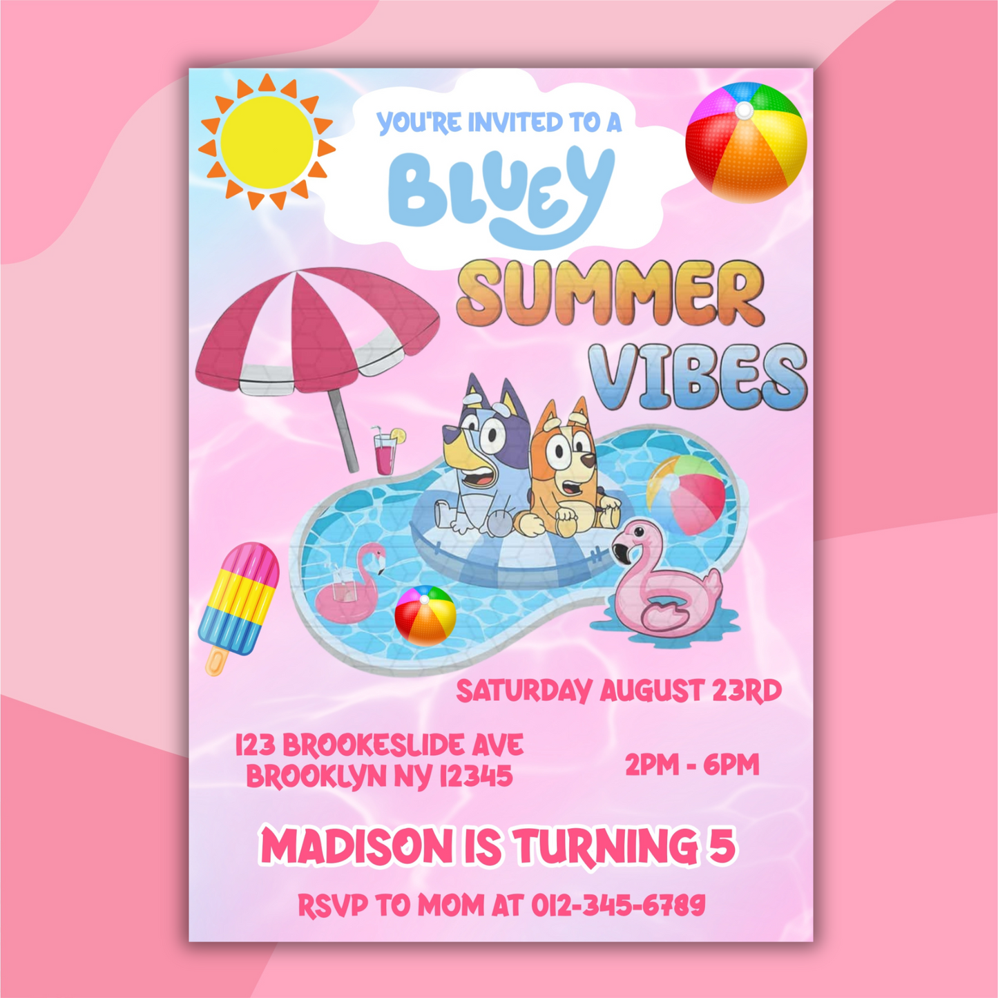 Bluey Pool Party Birthday Invitation for Kids | This Bluey Summer Vibes Bluey | Bluey Pool Girl Theme Birthday Invite (Copy)