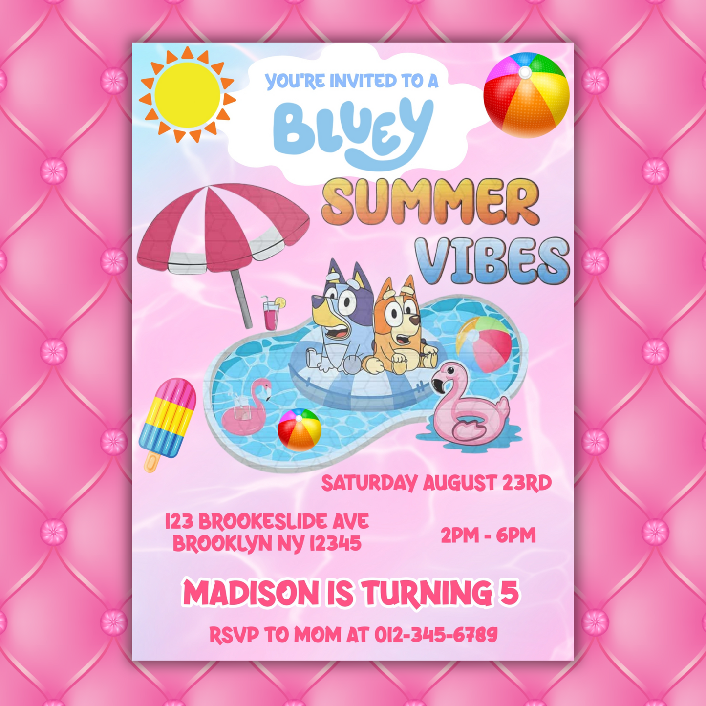 Bluey Pool Party Birthday Invitation for Kids | This Bluey Summer Vibes Bluey | Bluey Pool Girl Theme Birthday Invite (Copy)