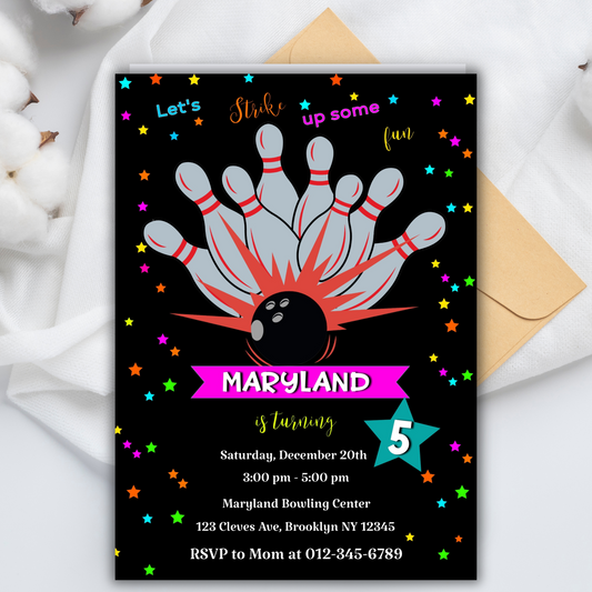 Editable Bowling Birthday Party Invitation, Bowling Birthday Digital Invite for Men, any age, Let's Strike Up Some Fun Bowl Birthday Invite