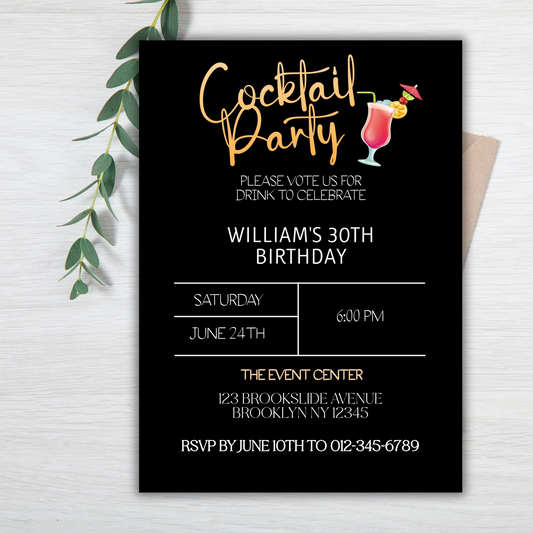 Cocktail Birthday Party Digital Invitation, Modern Cocktail Theme Birthday Celebration Printable Invite, White and Gold Printable Invitation