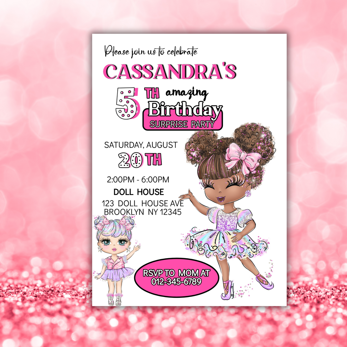 Doll Birthday Digital Invitation, Cute Dolls Birthday Cards, Editable Baby Doll Birthday Invitation, Girl Birthday Pink Invitation