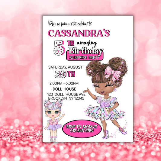 Doll Birthday Digital Invitation, Cute Dolls Birthday Cards, Editable Baby Doll Birthday Invitation, Girl Birthday Pink Invitation