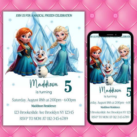 Editable Frozen Birthday Invitation for Kids | Princess Elsa & Anna Party Invite | Custom Digital Girl's Birthday Card