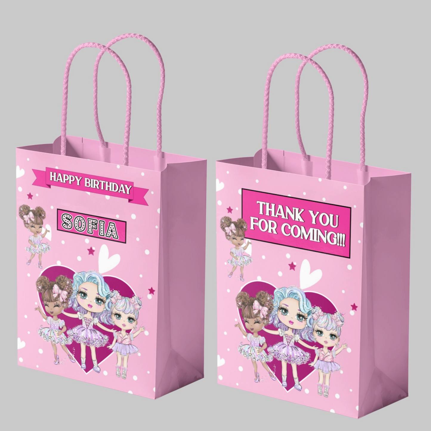 Doll Birthday Party Gift Bag, Cute Dolls Birthday Favor Bags, Editable Baby Doll Birthday Party Bags, Girl Birthday Pink Gift Bags