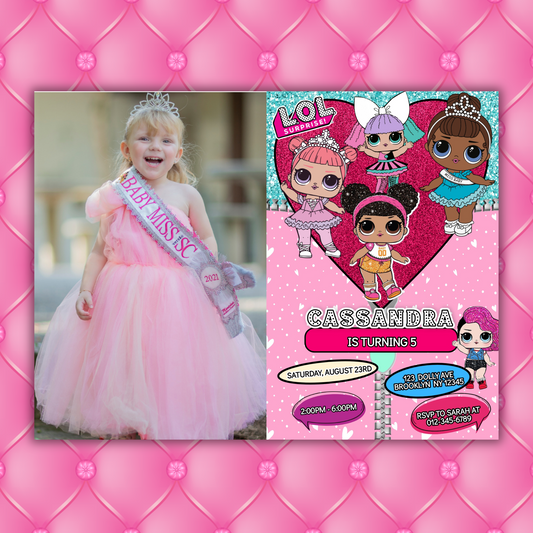 Lol Birthday Photo Digital Invitation, Cute Lol Picture Birthday Cards, Lol Doll Birthday Invitation, LOL Girl Birthday Pink Invitation