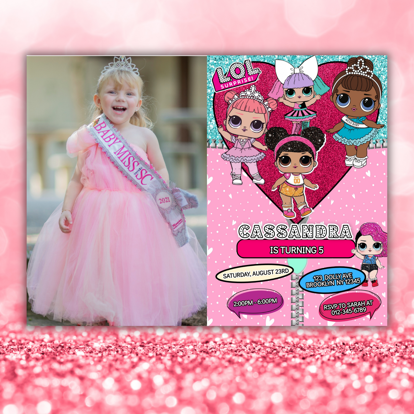 Lol Birthday Photo Digital Invitation, Cute Lol Picture Birthday Cards, Lol Doll Birthday Invitation, LOL Girl Birthday Pink Invitation