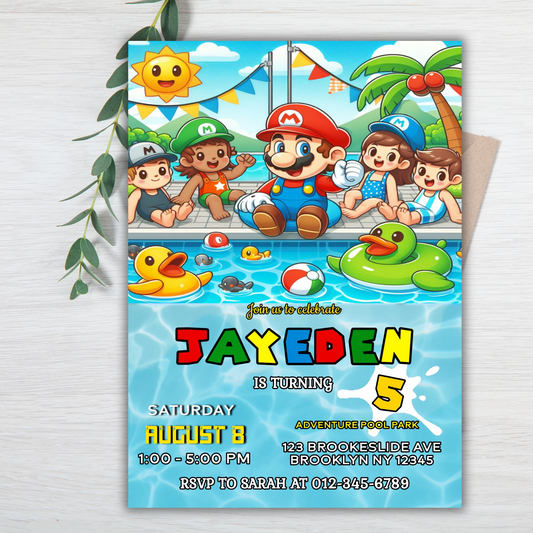 Super Mario Pool Birthday Invitation, Super Mario Pool Party Invitation, Pool Party Kids Birthday Invitation, Super Mario Pool Party Invite