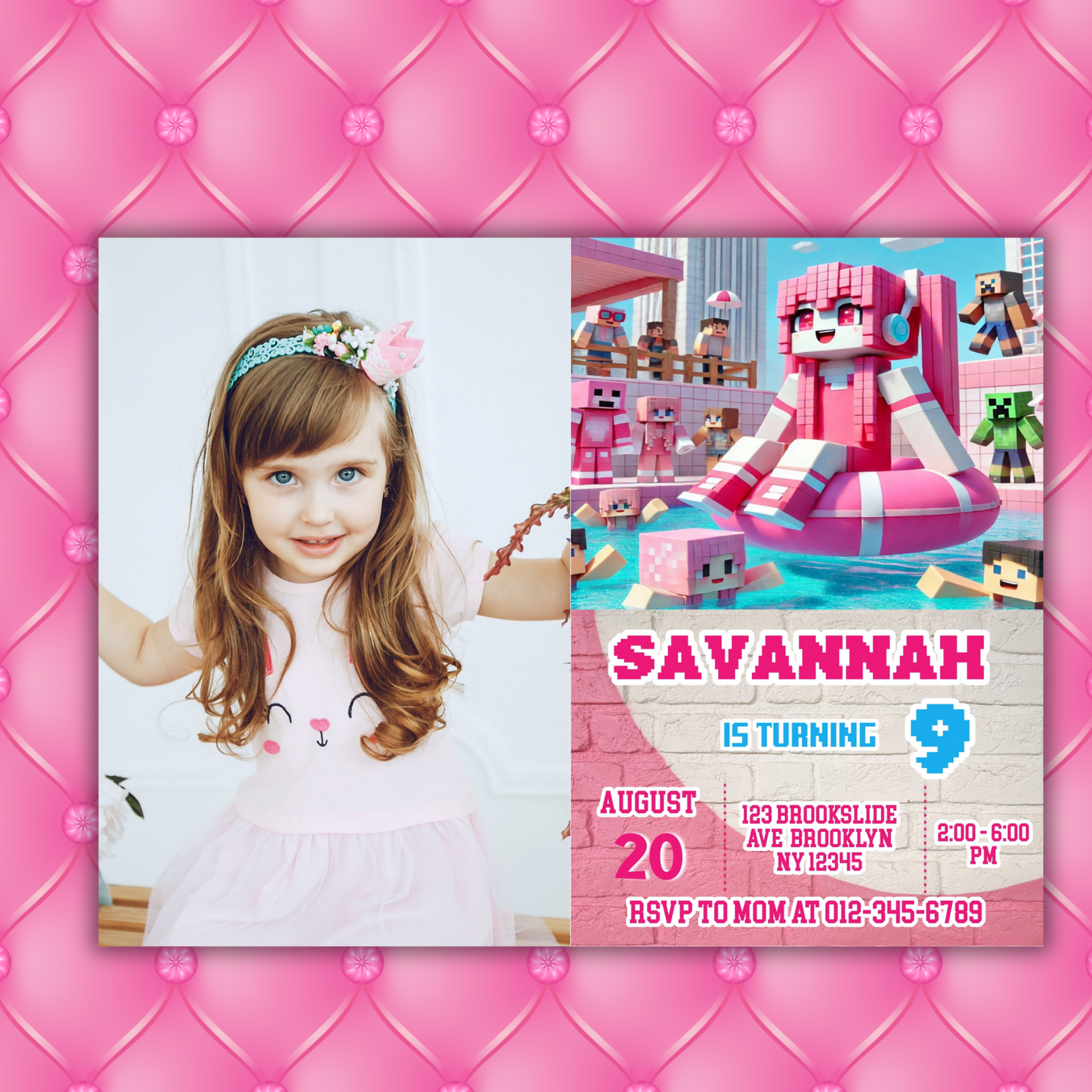 Minecraft Picture Birthday Pool Party Invitation | Pink Picture Pixel Water Party Invite | Girl Minecraft Gamer Pool Party Birthday Digital Invite