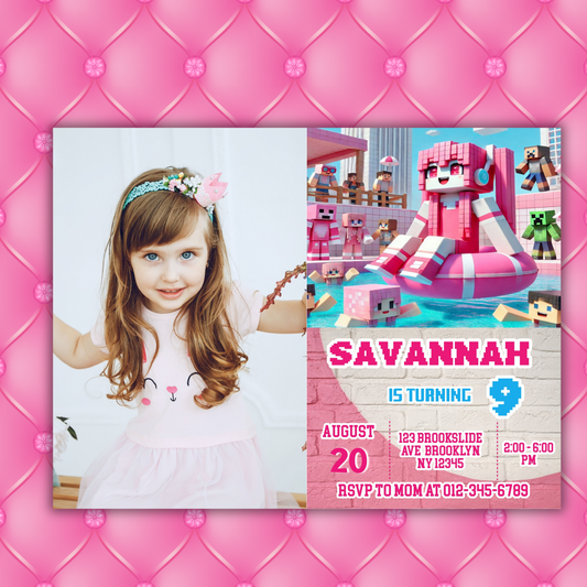 Minecraft Picture Birthday Pool Party Invitation | Pink Picture Pixel Water Party Invite | Girl Minecraft Gamer Pool Party Birthday Digital Invite