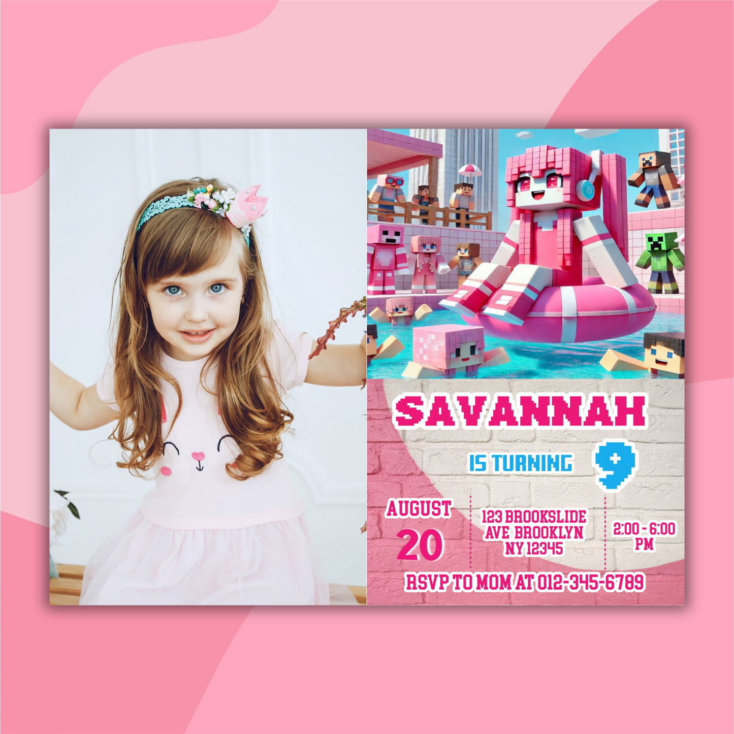 Minecraft Picture Birthday Pool Party Invitation | Pink Picture Pixel Water Party Invite | Girl Minecraft Gamer Pool Party Birthday Digital Invite