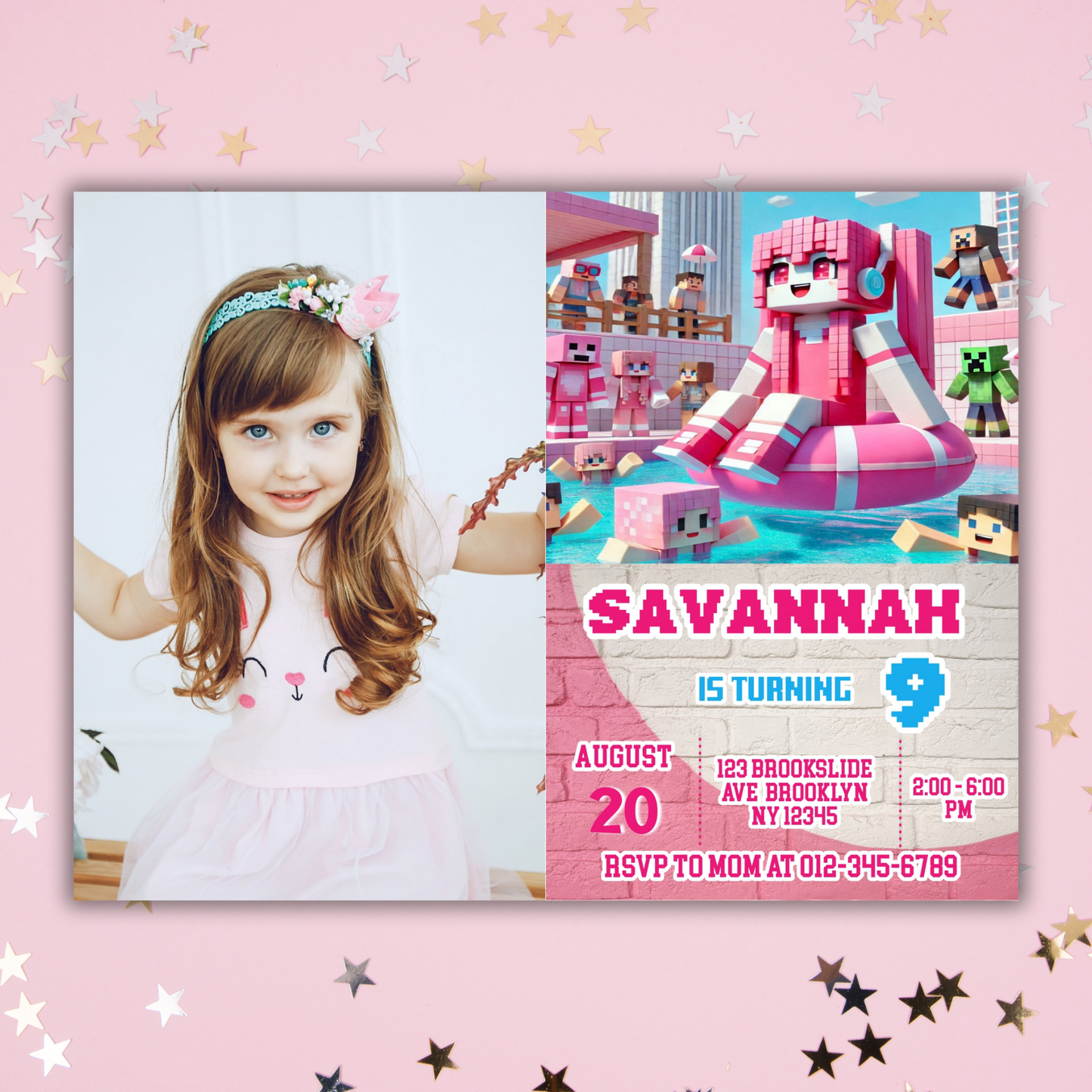 Minecraft Picture Birthday Pool Party Invitation | Pink Picture Pixel Water Party Invite | Girl Minecraft Gamer Pool Party Birthday Digital Invite