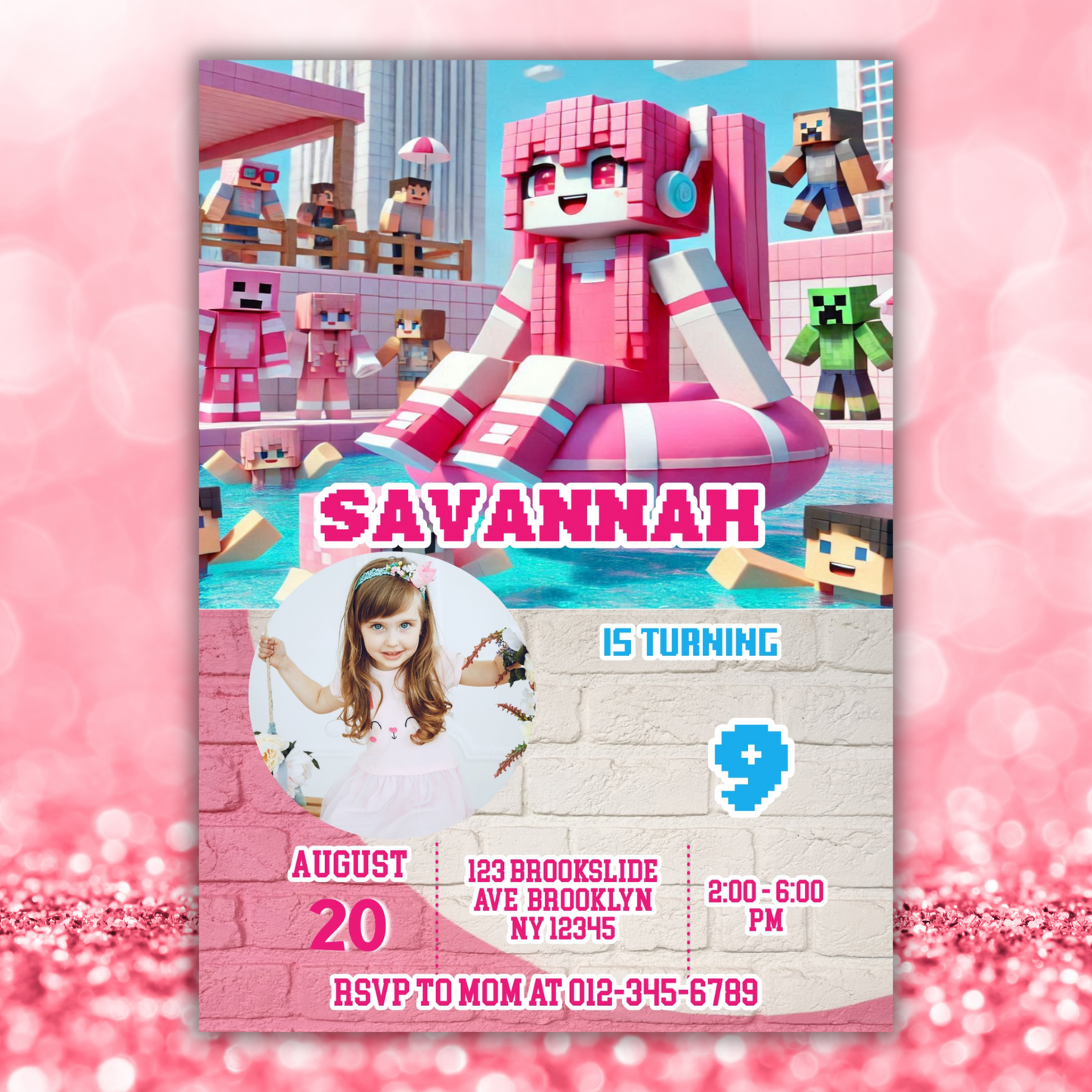 Minecraft Picture Birthday Pool Party Invitation | Pink Picture Pixel Water Party Invite | Girl Minecraft Gamer Pool Party Birthday Digital Invite
