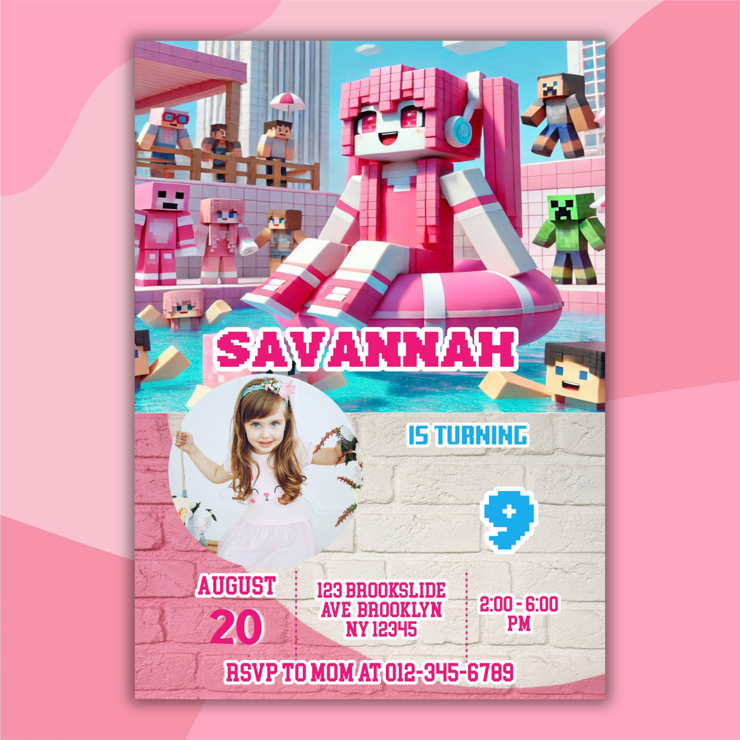 Minecraft Picture Birthday Pool Party Invitation | Pink Picture Pixel Water Party Invite | Girl Minecraft Gamer Pool Party Birthday Digital Invite
