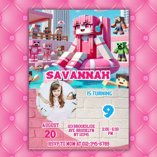 Minecraft Picture Birthday Pool Party Invitation | Pink Picture Pixel Water Party Invite | Girl Minecraft Gamer Pool Party Birthday Digital Invite