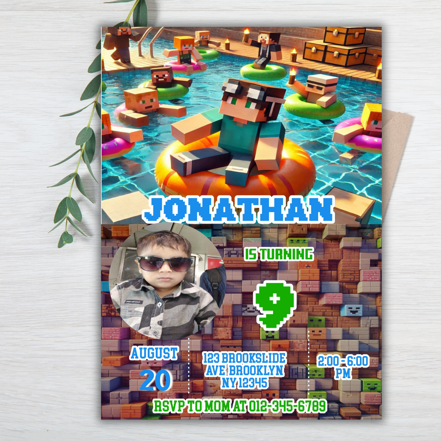 Minecraft Picture Birthday Pool Party Invitation | Pink Picture Pixel Water Party Invite | Boys Minecraft Gamer Pool Party Birthday Digital Invite