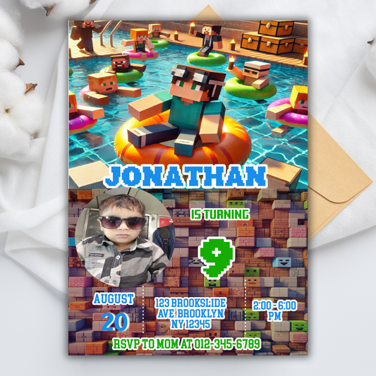 Minecraft Picture Birthday Pool Party Invitation | Pink Picture Pixel Water Party Invite | Boys Minecraft Gamer Pool Party Birthday Digital Invite