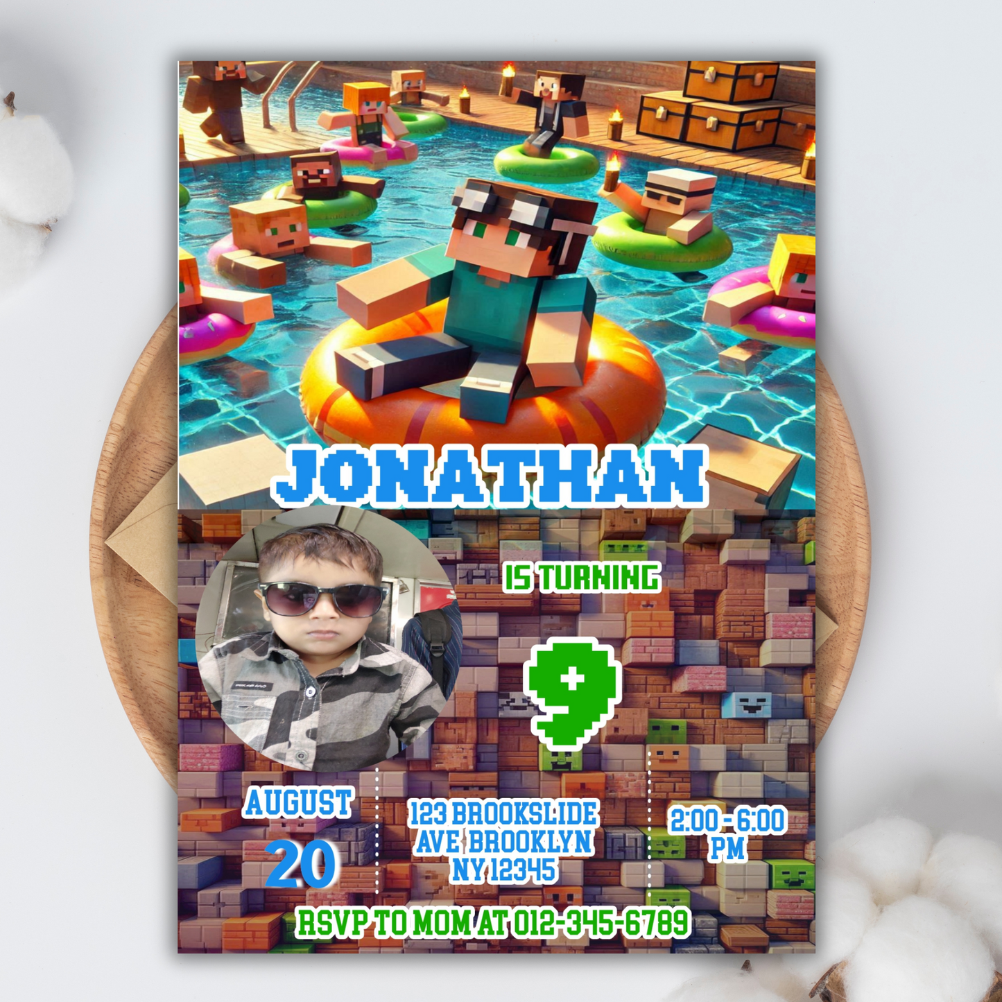 Minecraft Picture Birthday Pool Party Invitation | Pink Picture Pixel Water Party Invite | Boys Minecraft Gamer Pool Party Birthday Digital Invite