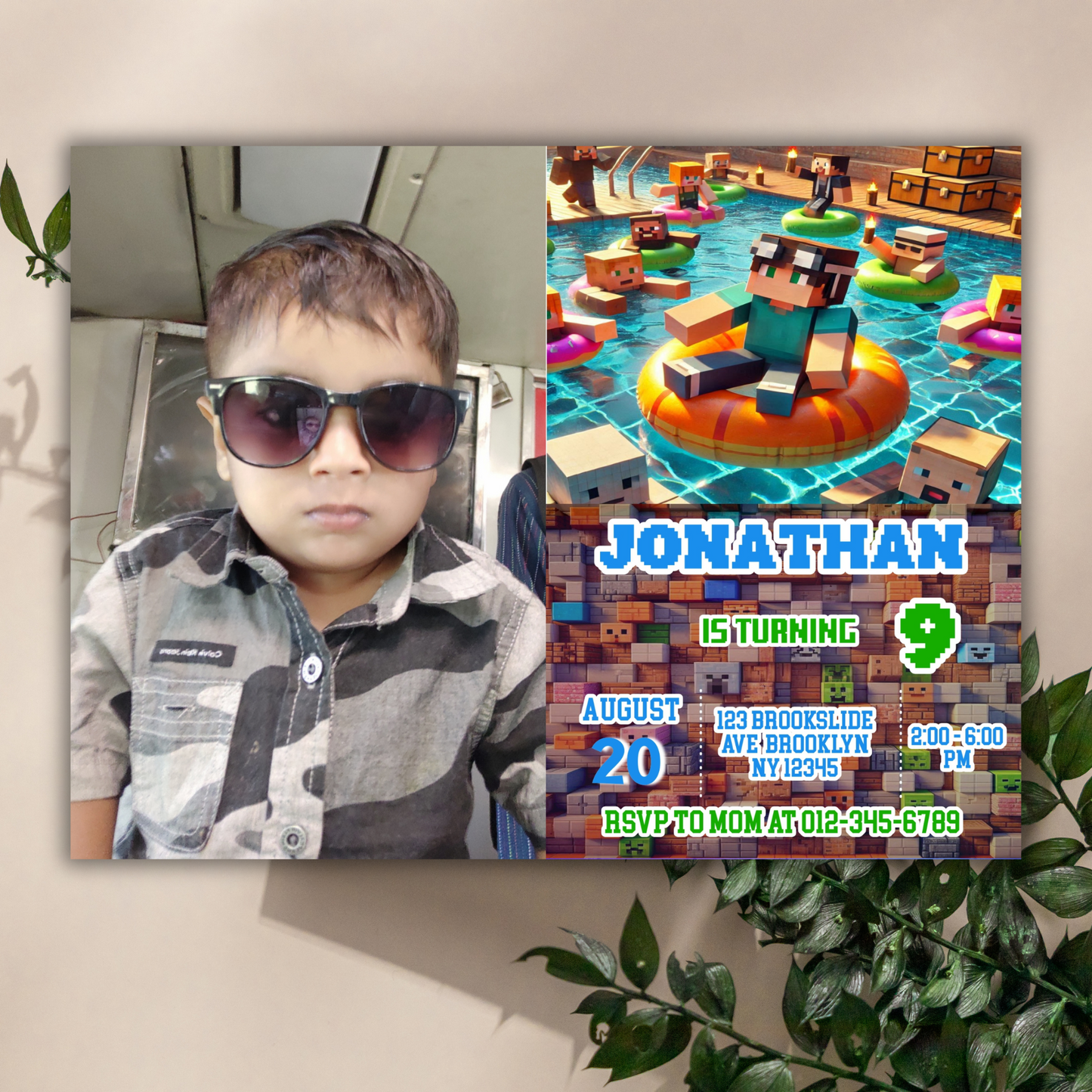 Minecraft Picture Birthday Pool Party Invitation | Pink Picture Pixel Water Party Invite | Boys Minecraft Gamer Pool Party Birthday Digital Invite