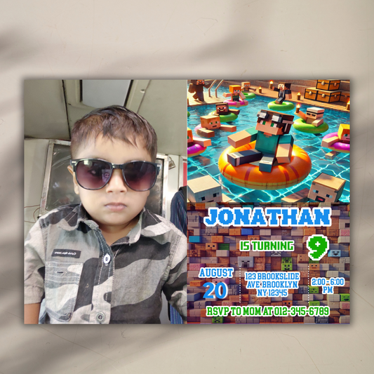 Minecraft Picture Birthday Pool Party Invitation | Pink Picture Pixel Water Party Invite | Boys Minecraft Gamer Pool Party Birthday Digital Invite