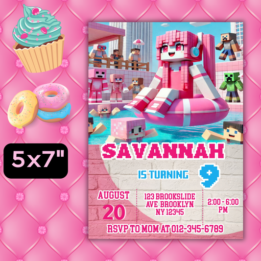 Minecraft Birthday Pool Party Invitation | Pink Digital Pixel Water Party Invite | Girl Minecraft Gamer Pool Party Birthday Digital Invite