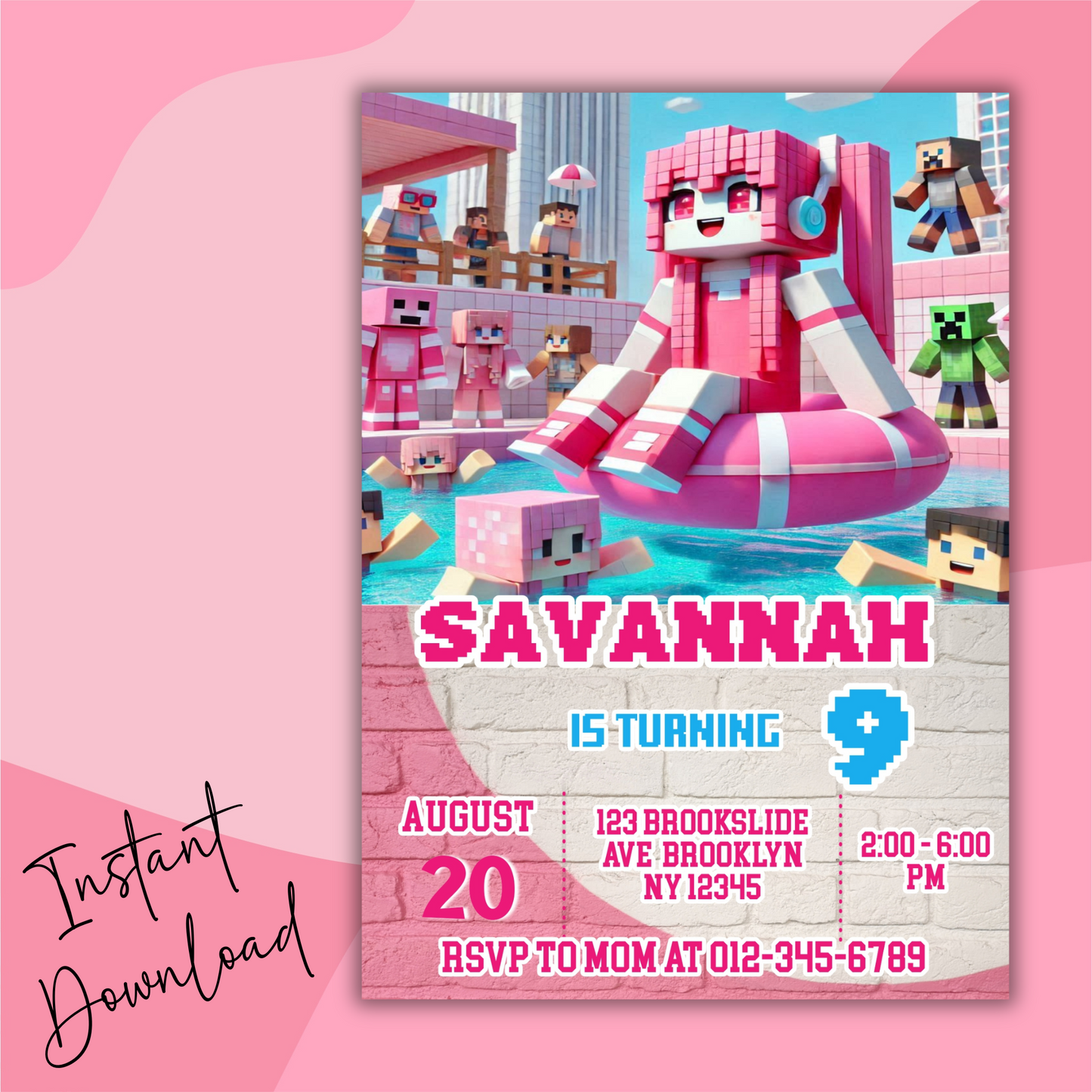 Minecraft Birthday Pool Party Invitation | Pink Digital Pixel Water Party Invite | Girl Minecraft Gamer Pool Party Birthday Digital Invite
