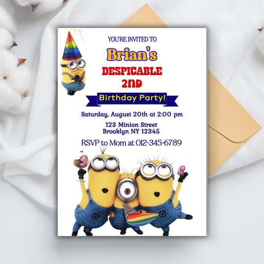 Minion Digital Birthday Invitation, Minion Cartoon Theme Birthday Party Invitation, Personalized Yellow and White Kids Birthday Invitation