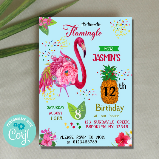Flamingo Birthday Party Digital Invitation, Let's Flamingle Invitation, Tropical Birthday Invite, Pink Flamingo Invite, Summer Party Invite