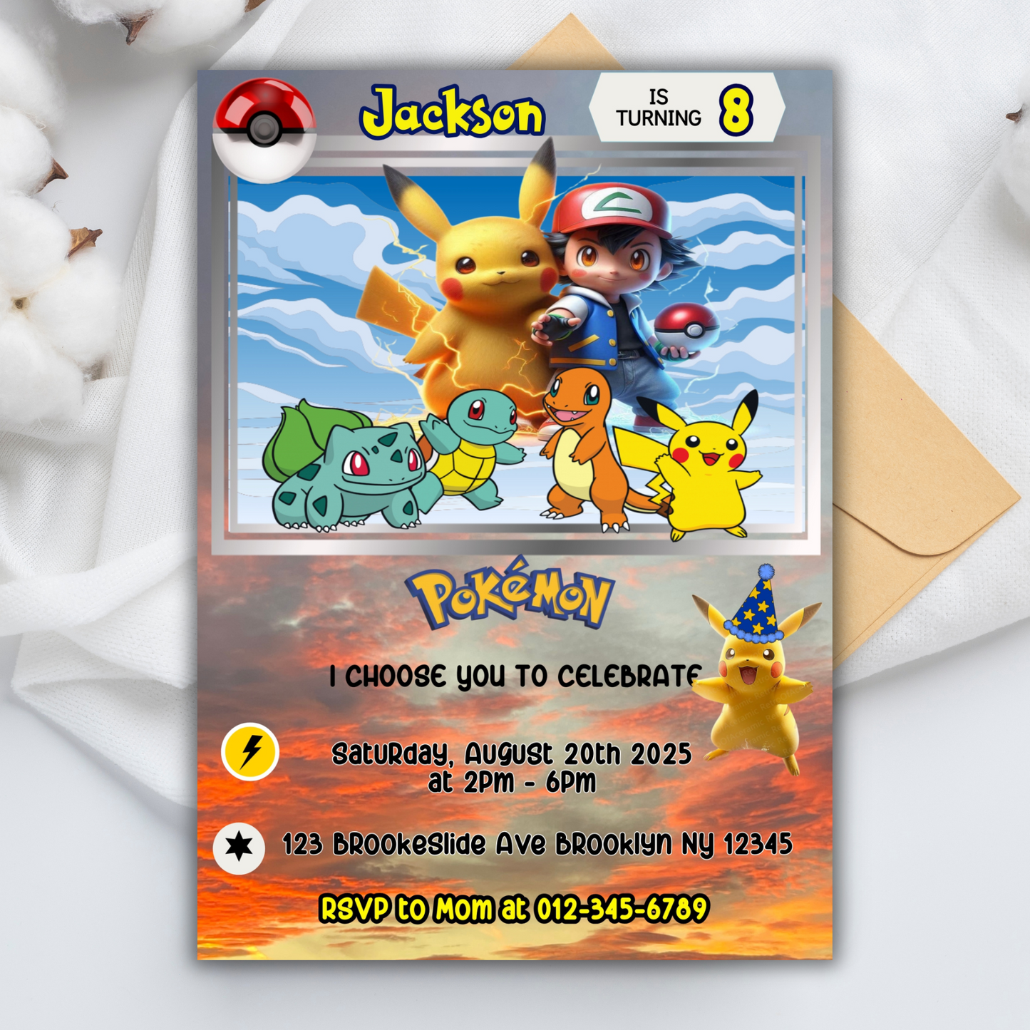 Pokémon Pikachu Birthday Invitation for Kids | Editable Kids Birthday Party Invite | Pokemon Instant Download Digital File