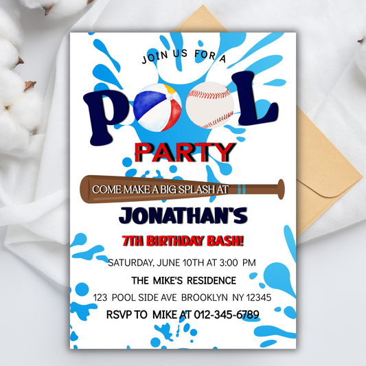 Pool Party Birthday Invitation for Baseball kids, Kids Summer Pool Party Invitation, Splish Splash Pool Party Baseball Digital Invitation