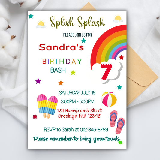 Pool Party Birthday Invitation, Kids Summer Pool Party Invitation, Splish Splash Pool Party Digital Invitation, Beach Party, Water Party for kids, Rainbow Pool Party Birthday Invite