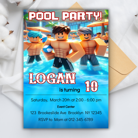 Roblox Summer Pool Party Birthday Invitation | Roblox Birthday Digital Invite | Fun Pool Party Invite | Customizable Roblox Birthday Invite