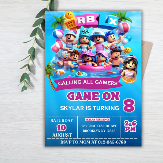Roblox Pool Party Birthday Invitation | Roblox Gamer Birthday Digital Invite | Kids Fun Pool Party Invite | Custom Roblox Birthday Invite