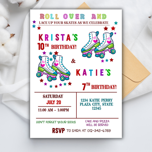 Digital Roller-skating Twin Birthday party invitation, Twin Roller-Skating Disco Party, Skate Boarding Invitation for Kids, Roller-Skating