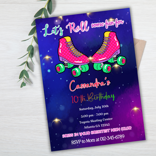 Digital Roller-skating Birthday party invitation, Roller-Skating Disco Party, Skate Boarding Birthday Invitation for Kids, Roller-Skate Evit
