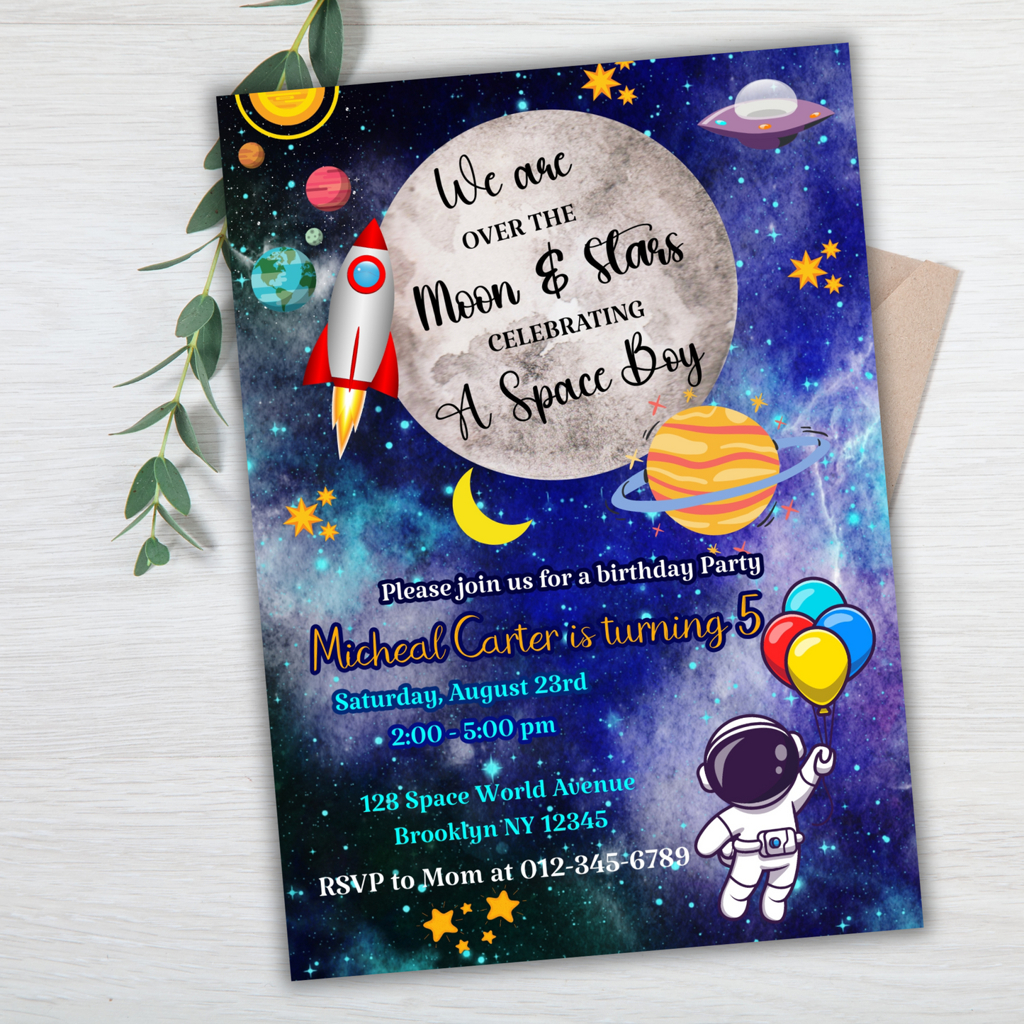 Digital Galaxy Space Birthday Invitation, Space Adventure Birthday Invite, Astronomy-Themed Party Invitation, Outer Space Party Invitation
