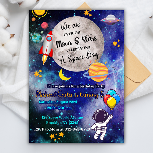 Digital Galaxy Space Birthday Invitation, Space Adventure Birthday Invite, Astronomy-Themed Party Invitation, Outer Space Party Invitation