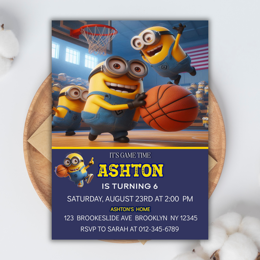 Minion Birthday Invitation, Minion Basketball Party Invite, Minion Party Kids Basketball Birthday Invite, Basketball Party Invite