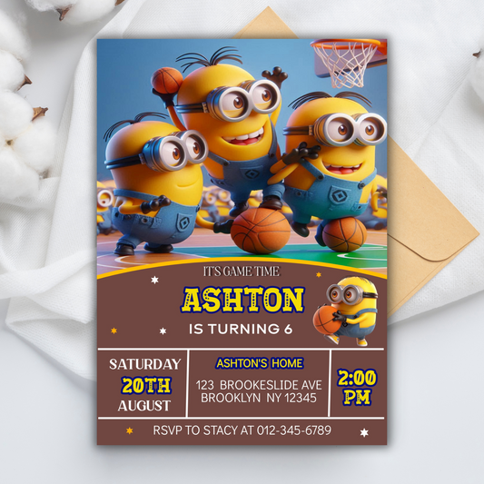 Minion Birthday Invitation, Minion Basketball Party Invite, Minion Party Kids Basketball Birthday Invite, Basketball Party Invite