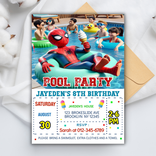Spiderman Birthday Invite, Spiderman Summer Pool Party, Spiderman Pool Invite, Splish Splash Pool Party Digital Invit, Spiderman