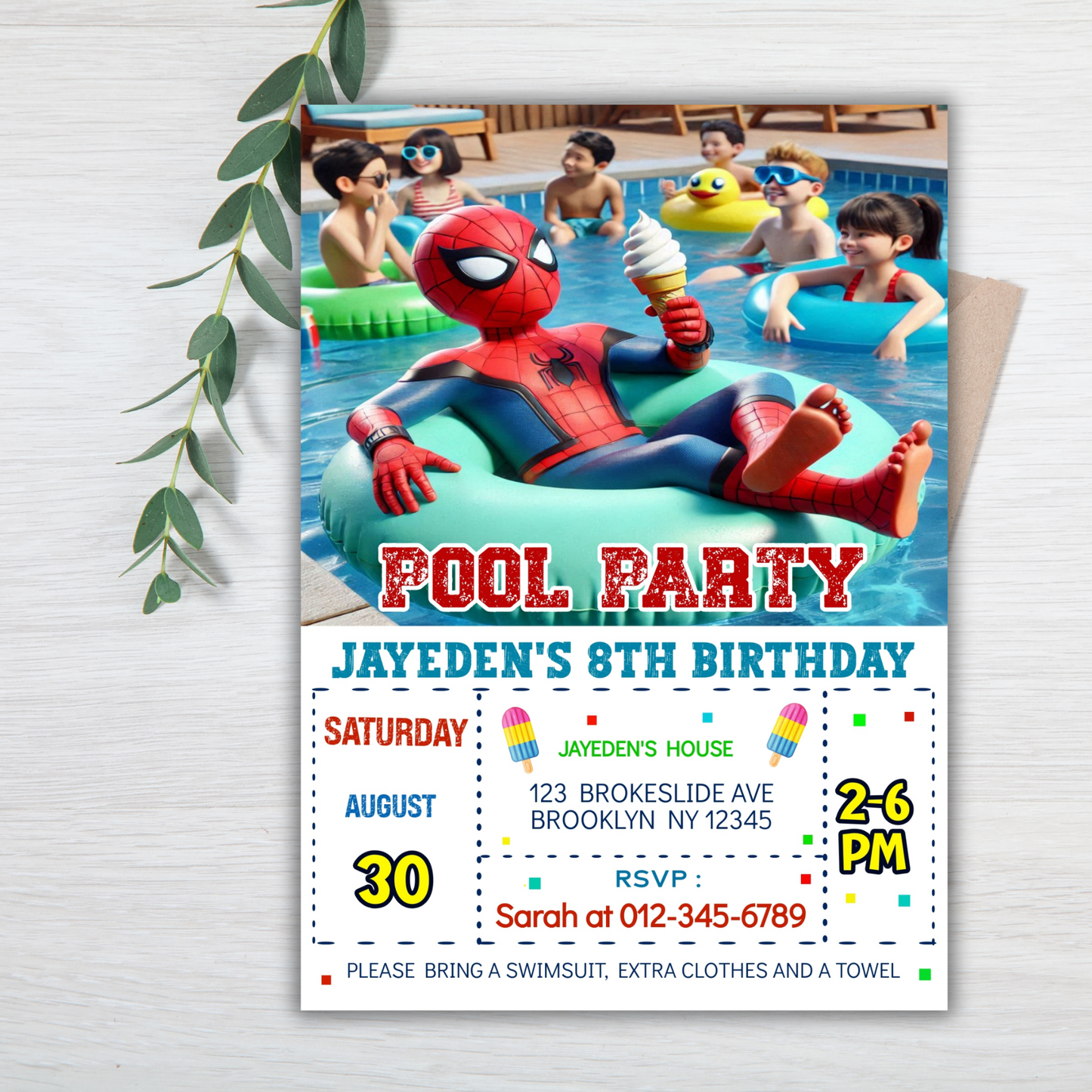 Spiderman Birthday Invite, Spiderman Summer Pool Party, Spiderman Pool Invite, Splish Splash Pool Party Digital Invit, Spiderman