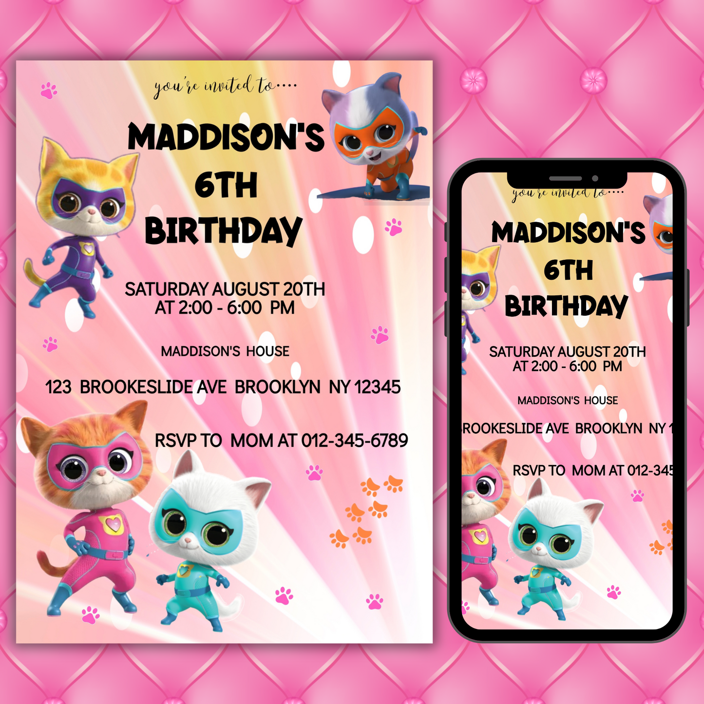 Super Kitties Birthday Invitation for Kids | SuperKitties Digital Invite | Cute Cat Party Theme | Superkitties Girls Party Instant Download