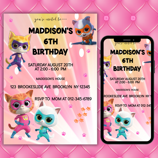 Super Kitties Birthday Invitation for Kids | SuperKitties Digital Invite | Cute Cat Party Theme | Superkitties Girls Party Instant Download