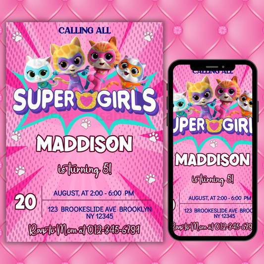 Super Kitties Birthday Invitation for Kids | SuperKitties Digital Invite | Cute Cat Party Theme | Superkitties Girls Party Instant Download