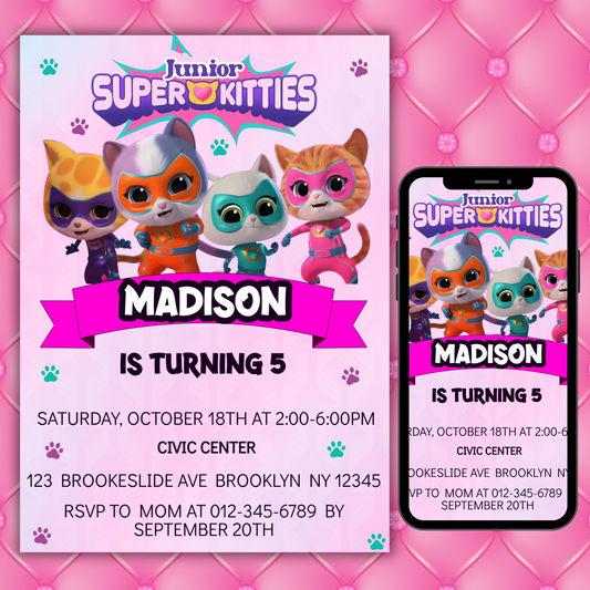 Super Kitties Birthday Invitation for Kids | SuperKitties Digital Invite | Cute Cat Party Theme | Superkitties Girls Party Instant Download