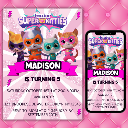 Super Kitties Birthday Invitation for Kids | SuperKitties Digital Invite | Cute Cat Party Theme | Superkitties Girls Party Instant Download