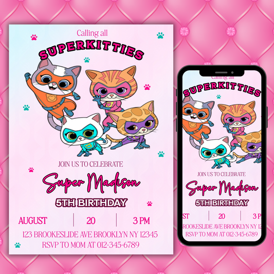 Super Kitties Birthday Invitation for Kids | SuperKitties Digital Invite | Cute Cat Party Theme | Superkitties Girls Party Instant Download